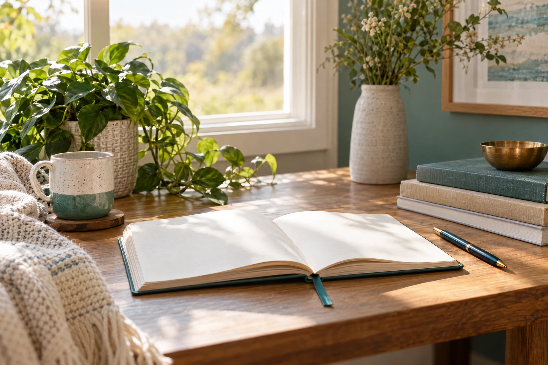 Sunlit notebook and leafy plant representing reflective, patient-centered care