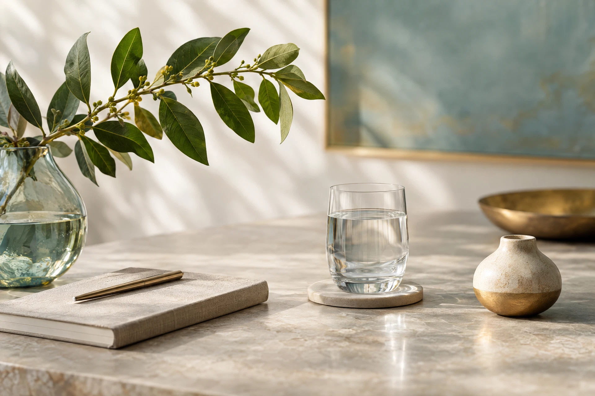 Botanical branch, water glass, linen notebook, and ceramic vessel in natural light