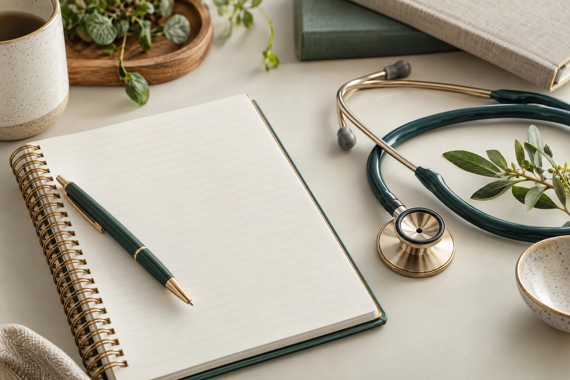 Blank health-history notebook, neutral stethoscope, and botanical sprig