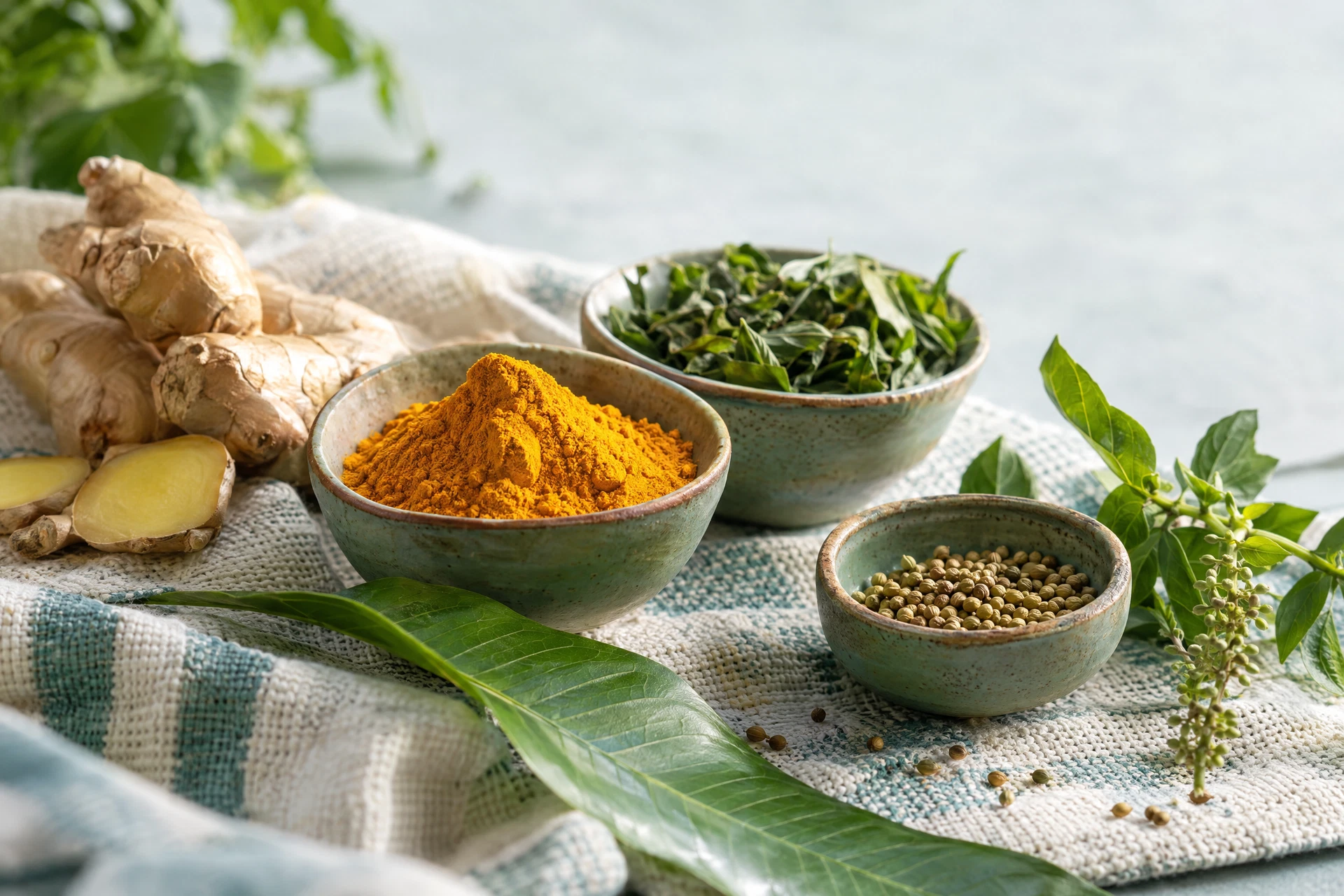 Unlabelled ceramic bowls with turmeric, ginger, and leafy herbs