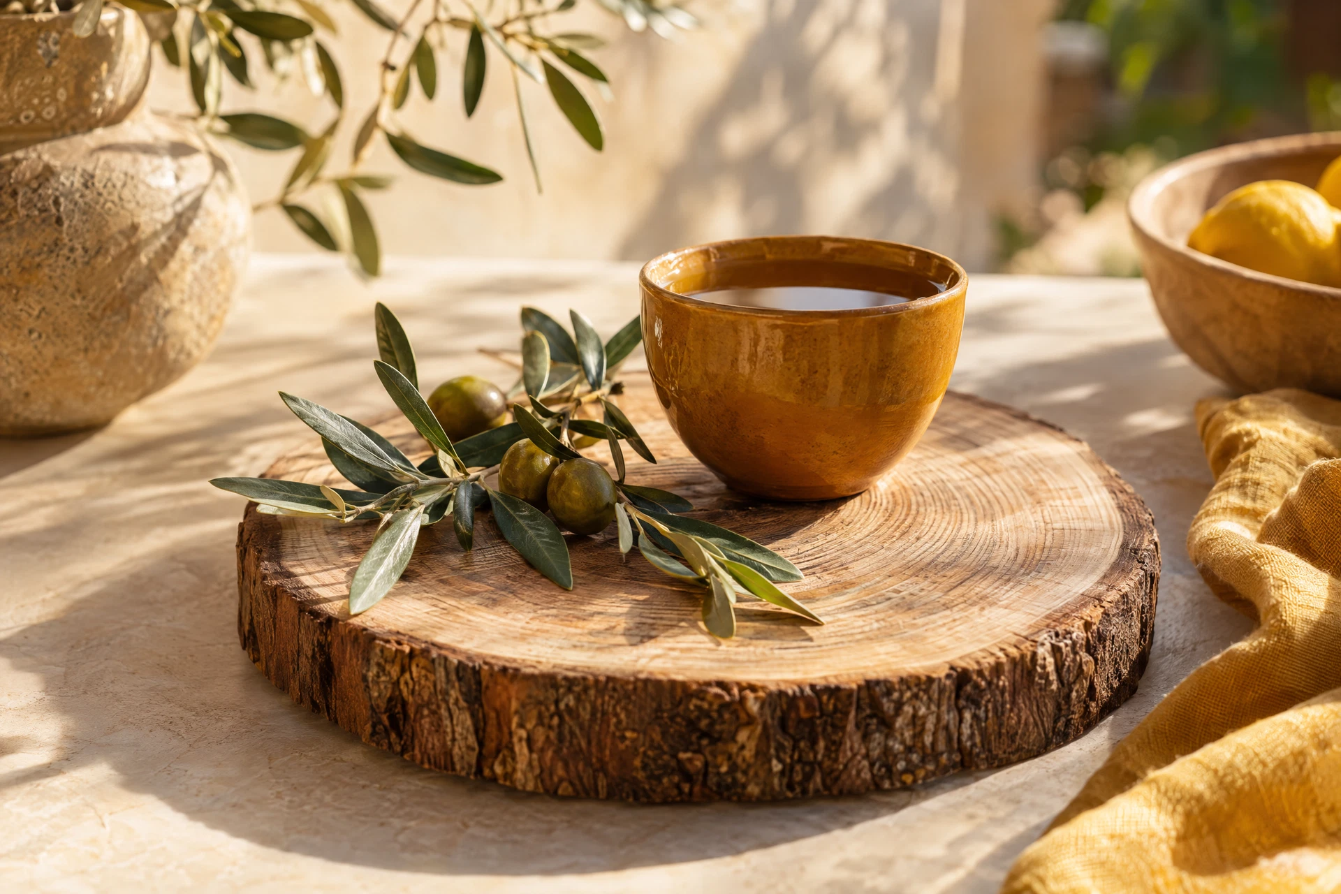 Tree-ring wood, olive branch and amber cup in soft daylight