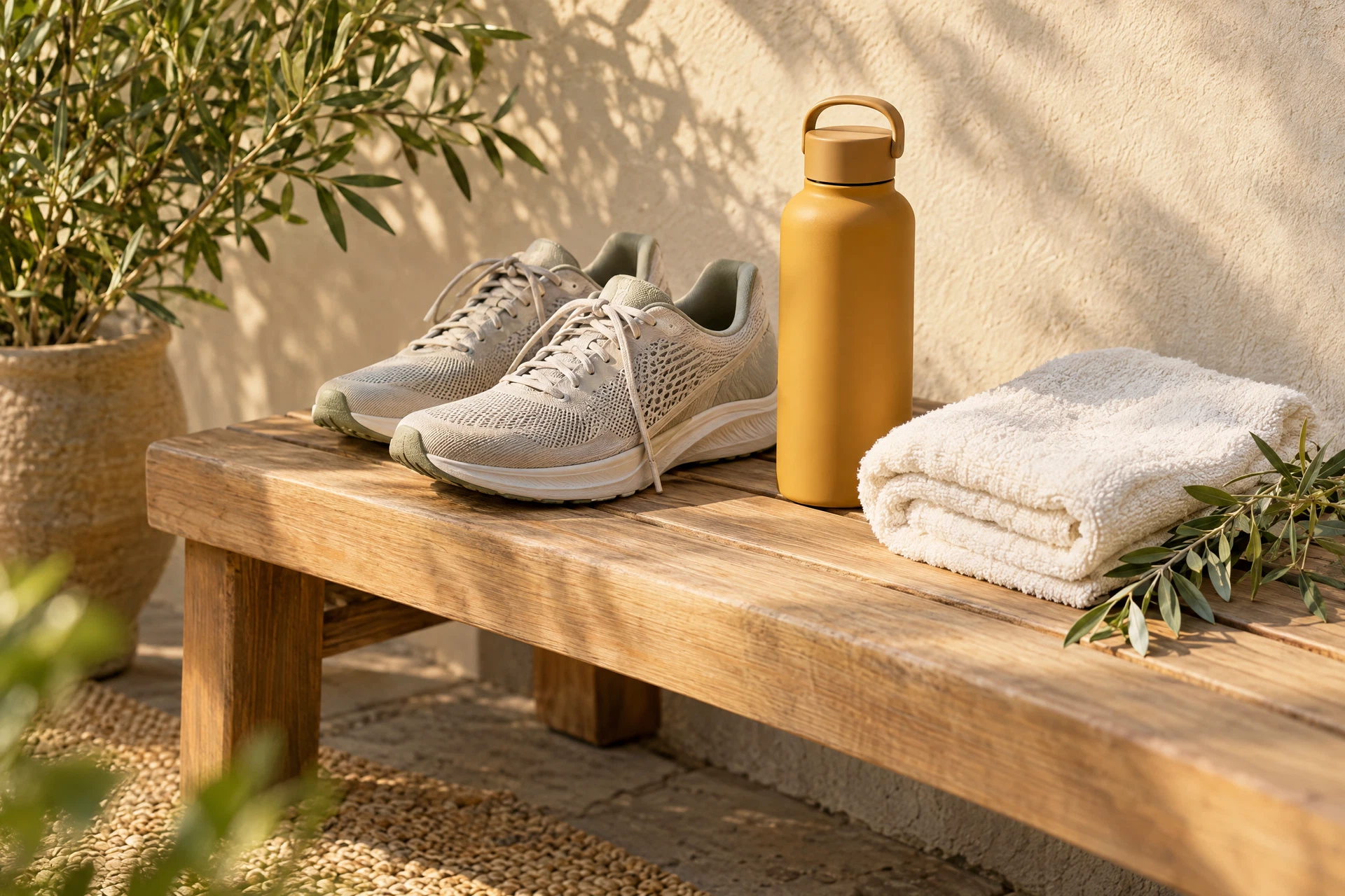Unbranded running shoes, towel and water bottle on a sunlit bench