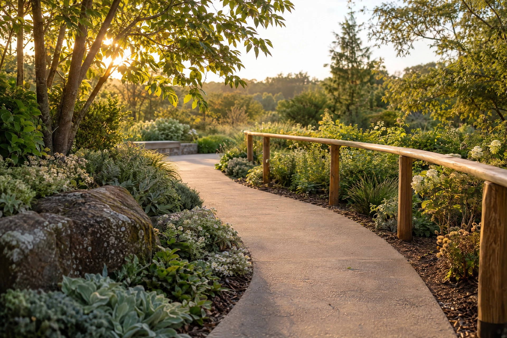 An accessible garden path and smooth handrail in golden light