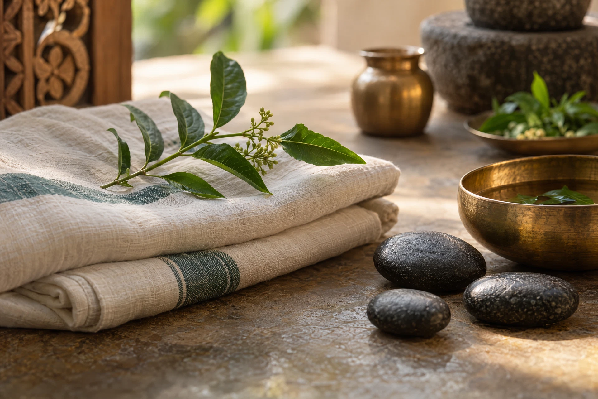 Folded cotton cloth, smooth stones, and botanical sprig representing traditional wellness heritage