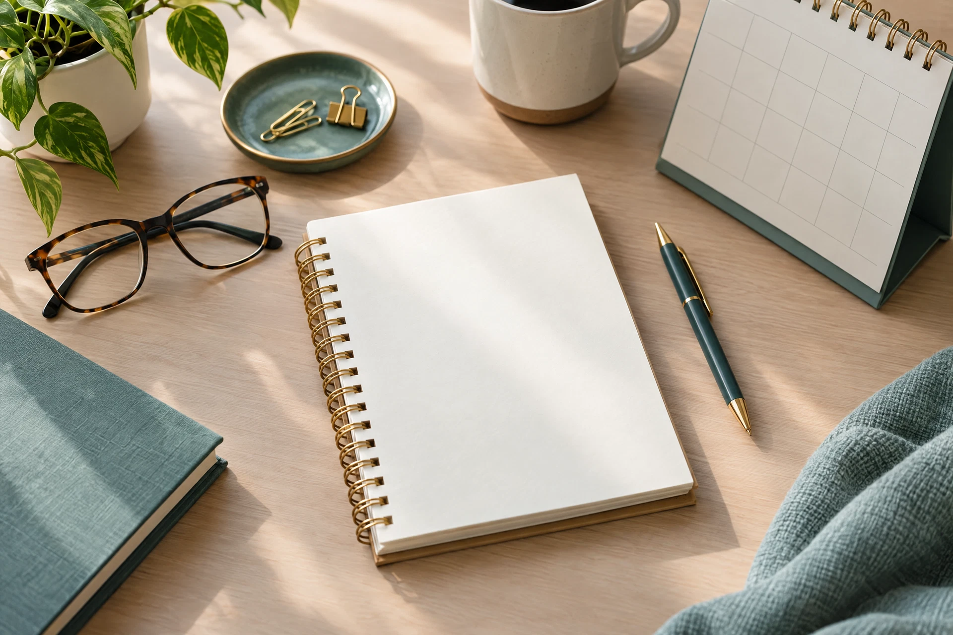 Blank notebook, pen, and eyeglasses arranged for visit preparation