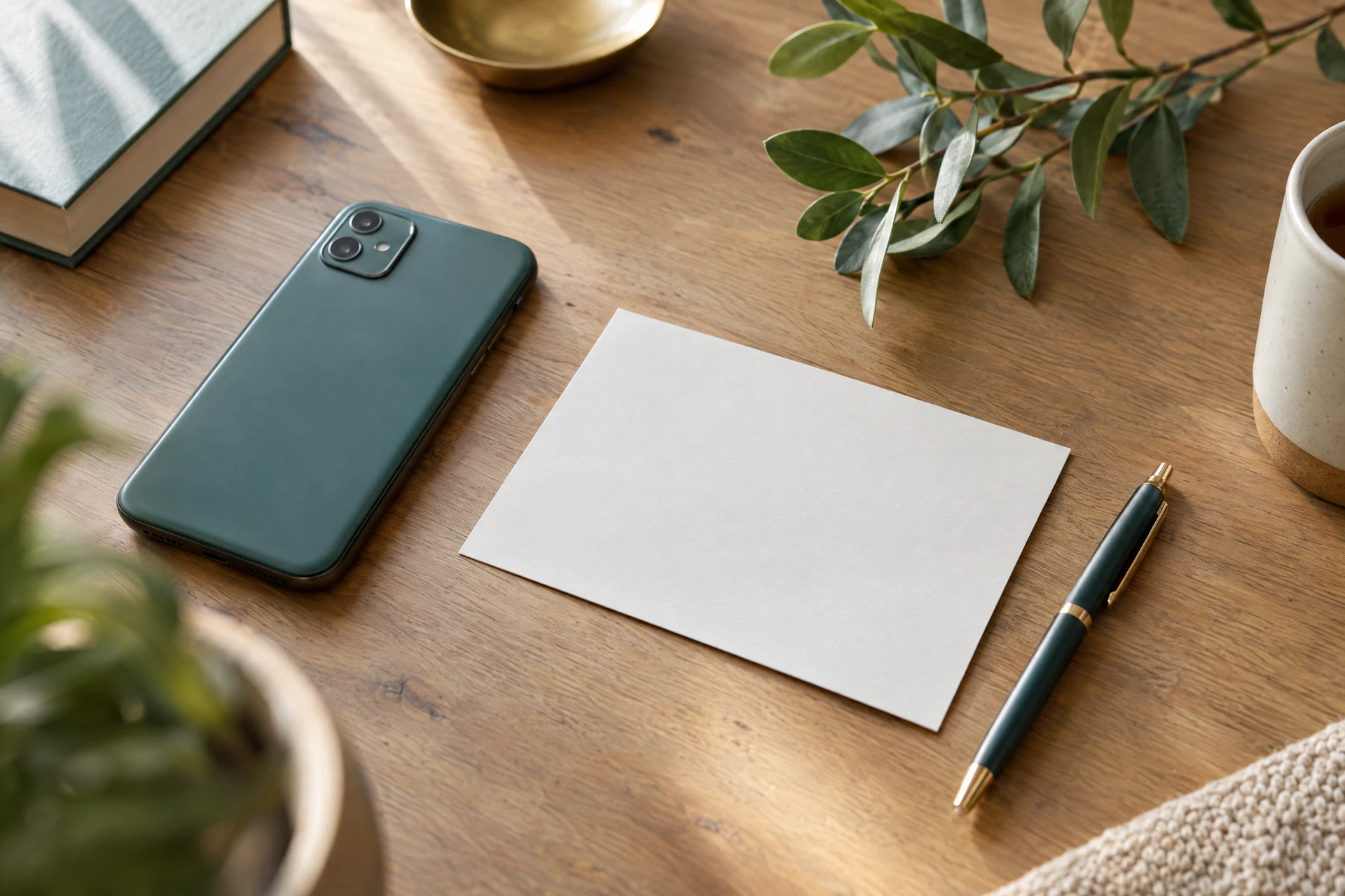 Unbranded phone and blank note card beside a leafy branch