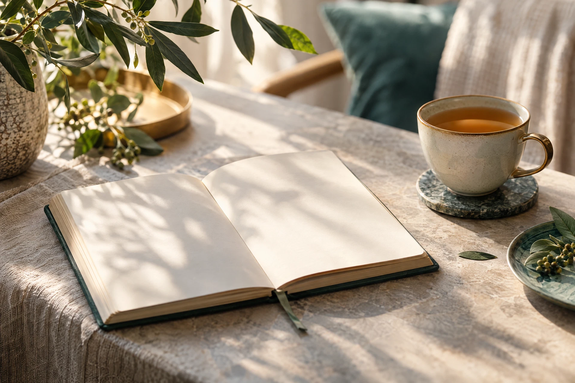 Open journal, tea cup, and botanical leaves in morning light