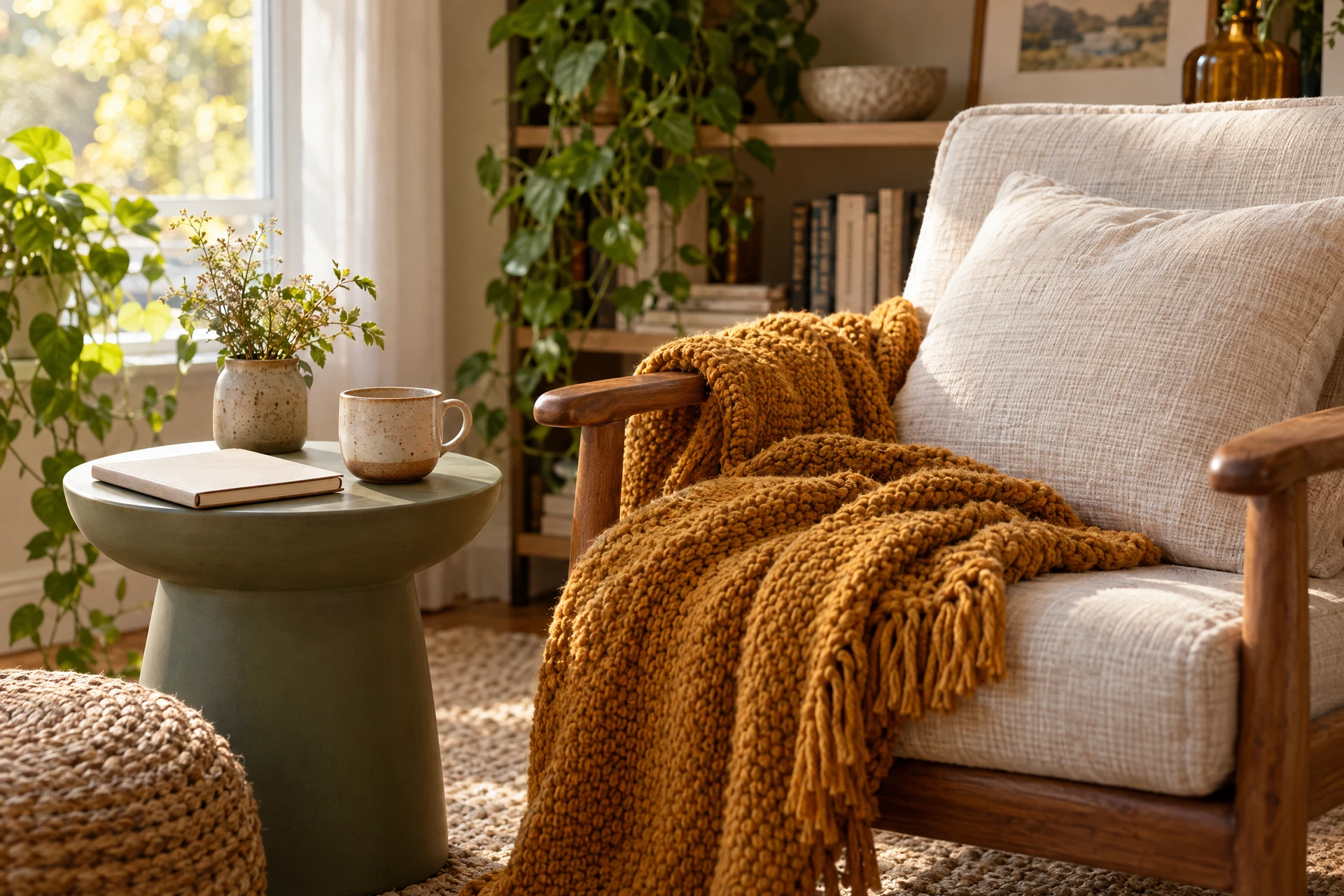 A quiet reading nook with a folded amber throw and blank notebook