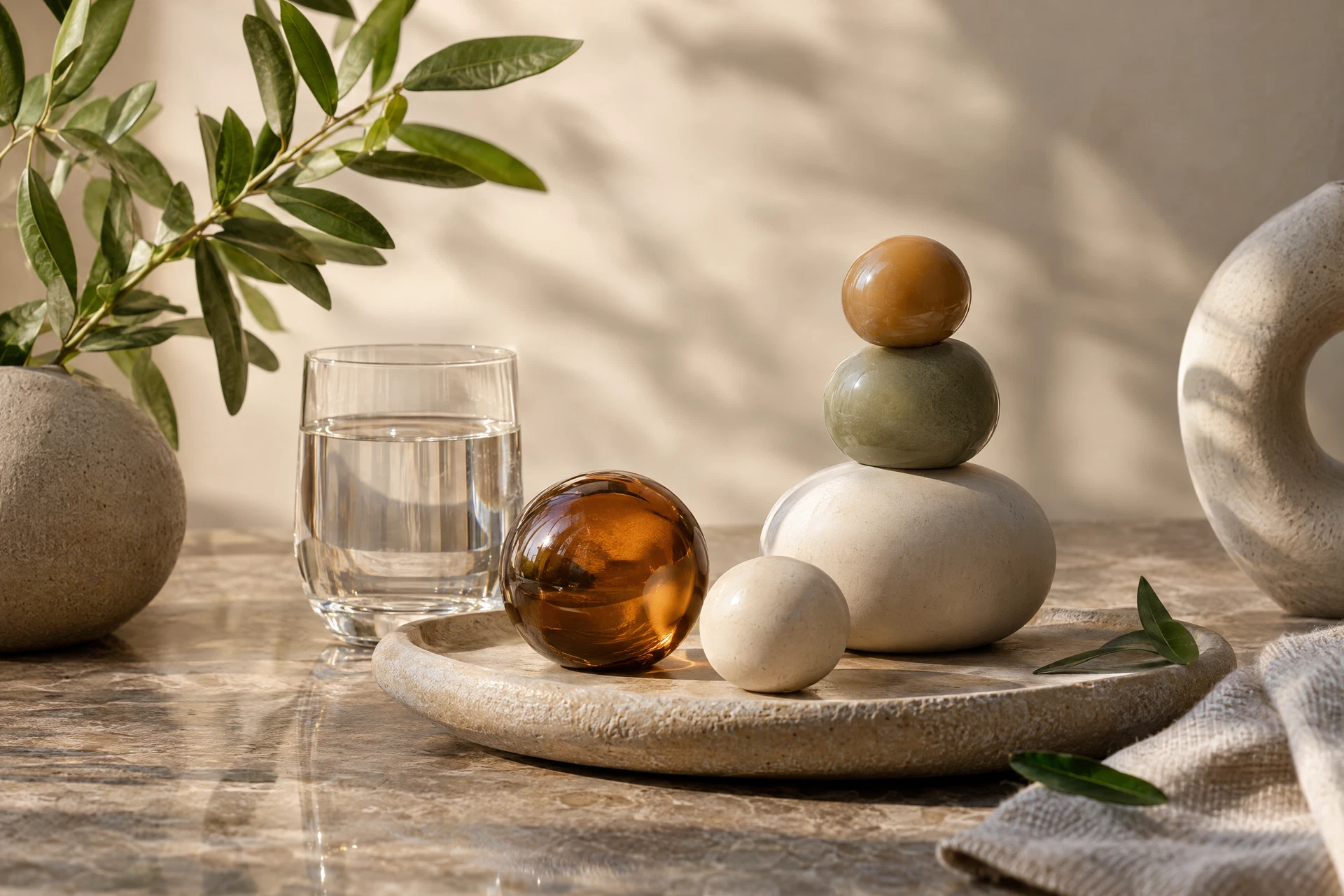 Amber, ivory and sage ceramic shapes with a botanical sprig