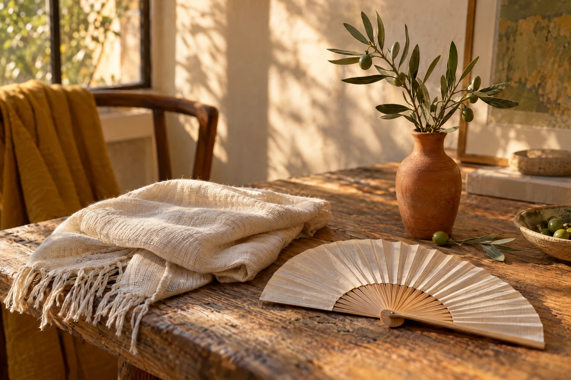 An unbranded paper fan, linen and olive branch in warm light