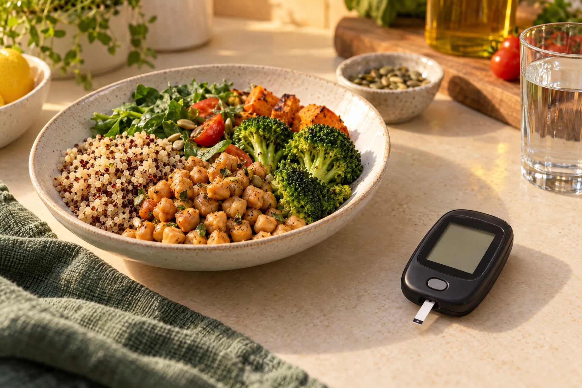 Unbranded glucose meter beside a balanced meal in warm light