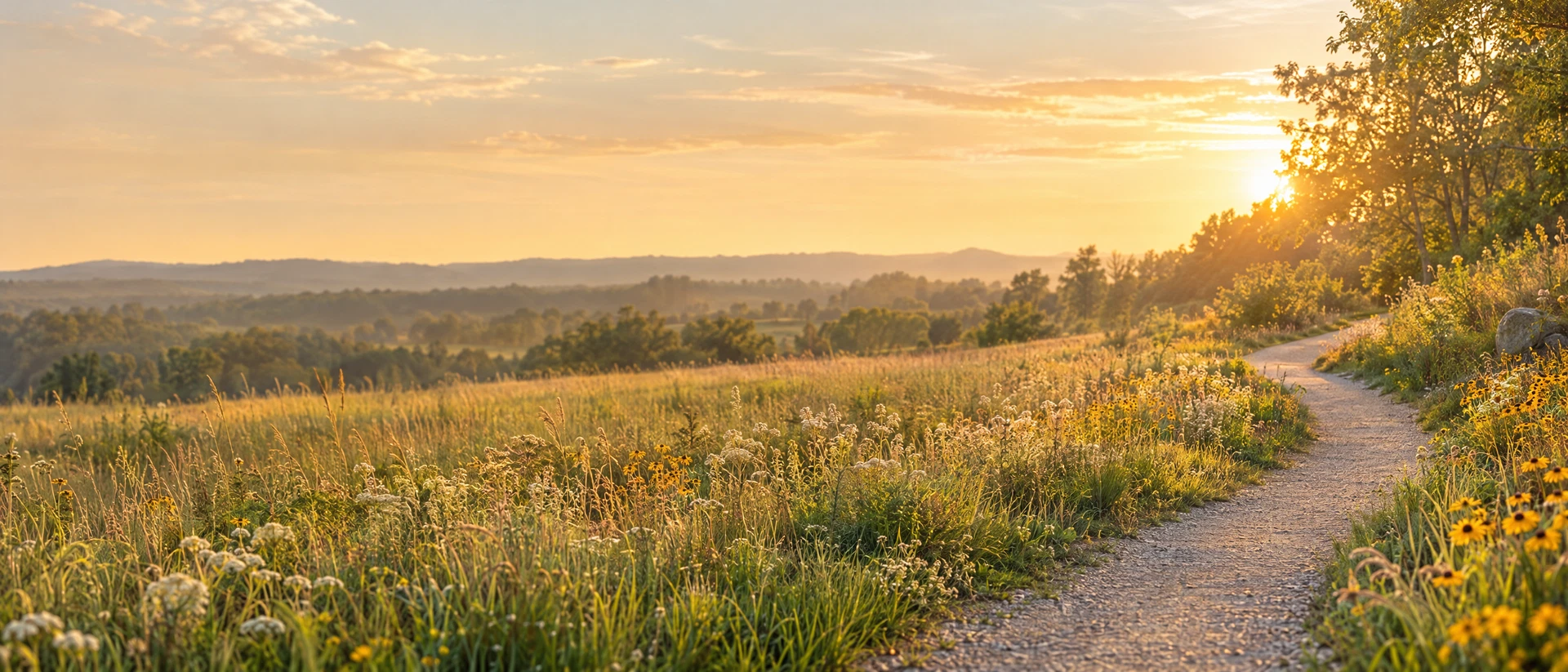 A quiet path curving through a sunlit meadow of wildflowers