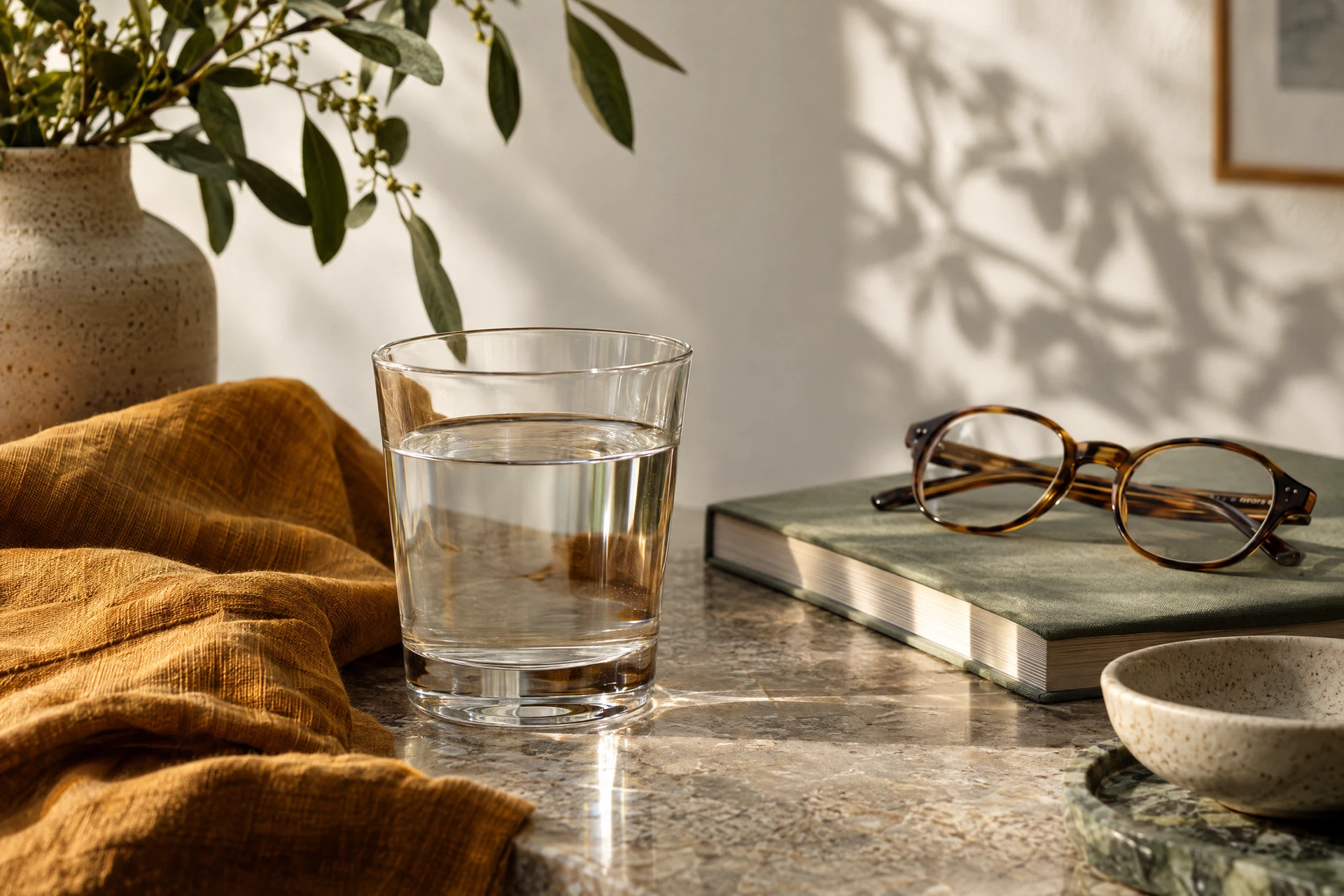 Water glass, linen and eyeglasses in a quiet, softly lit still life