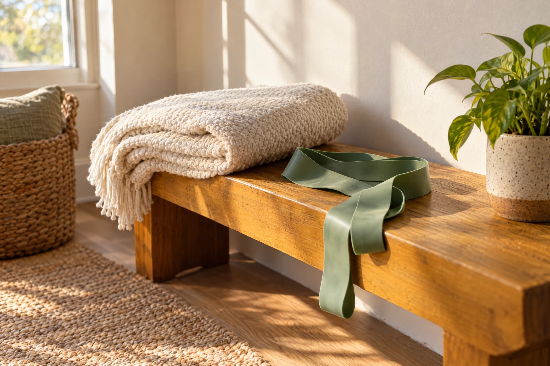 Folded ivory blanket and a sage stretching band in morning light