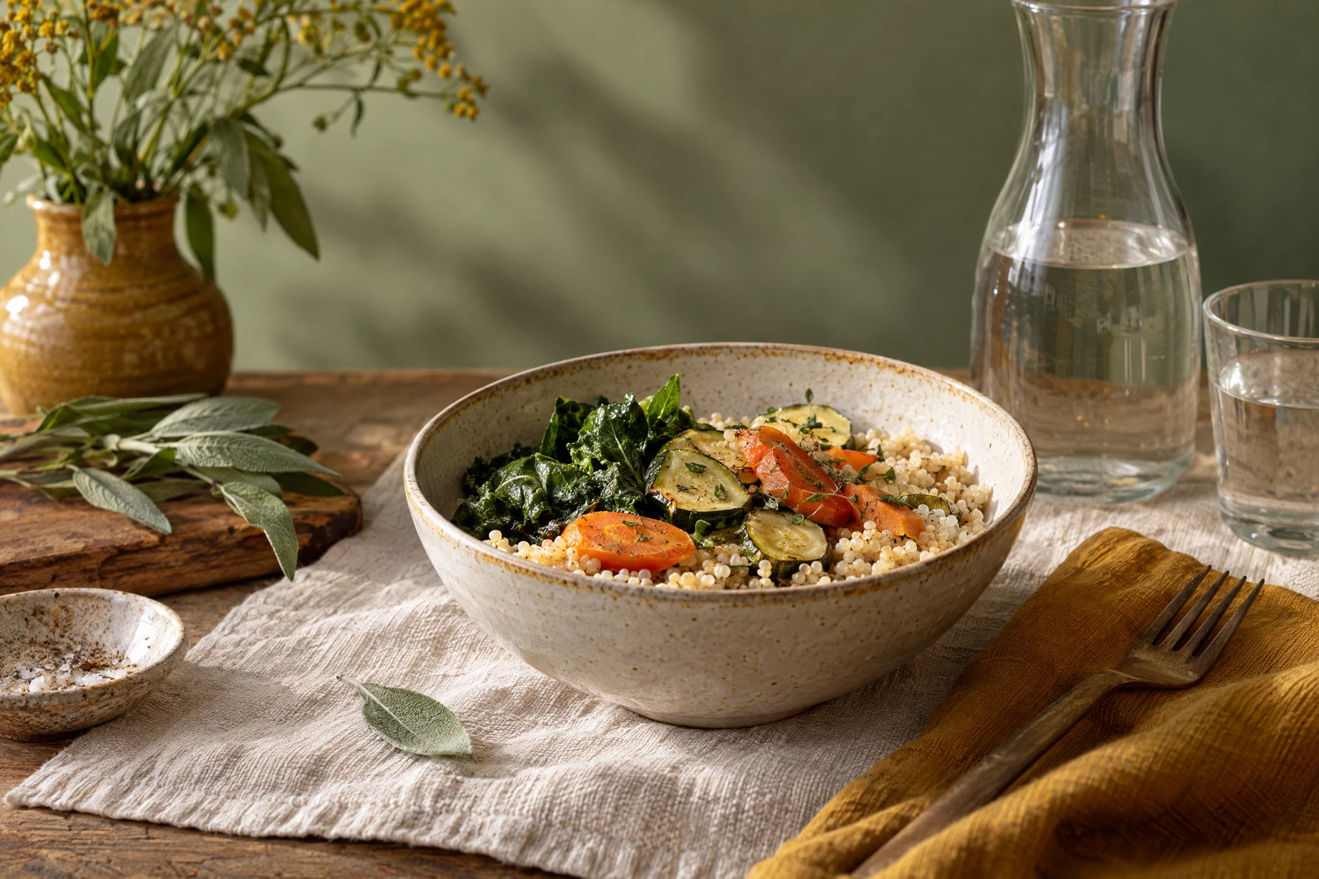 A warm bowl of grains, vegetables and water on ivory linen