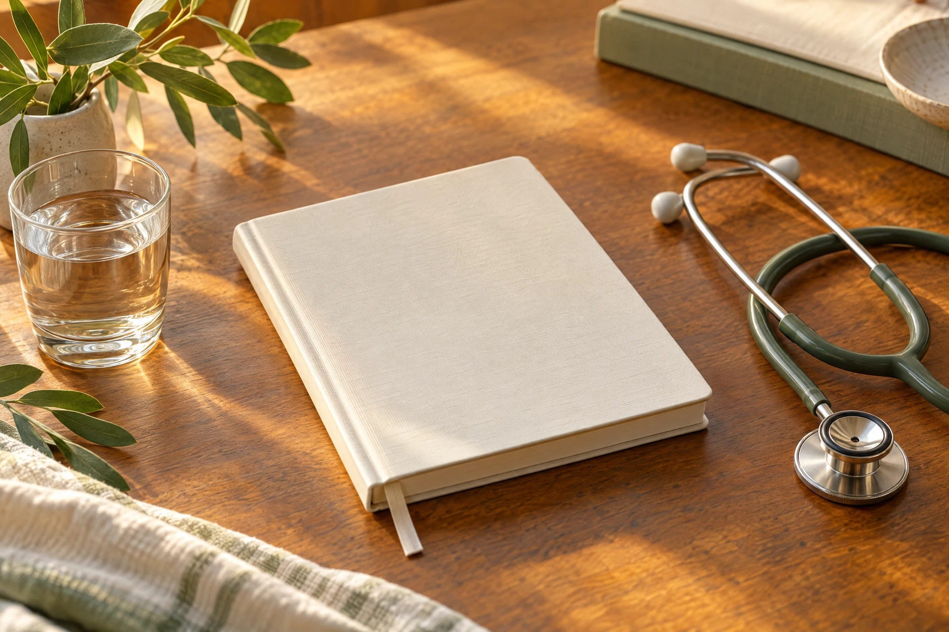 An unmarked health journal, water glass and stethoscope on a warm wood surface